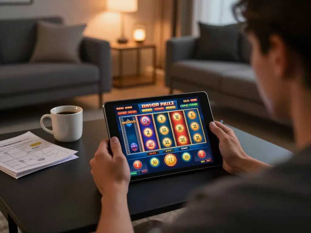 Engaging in slot pulsa games on a tablet in a cozy living room setting.