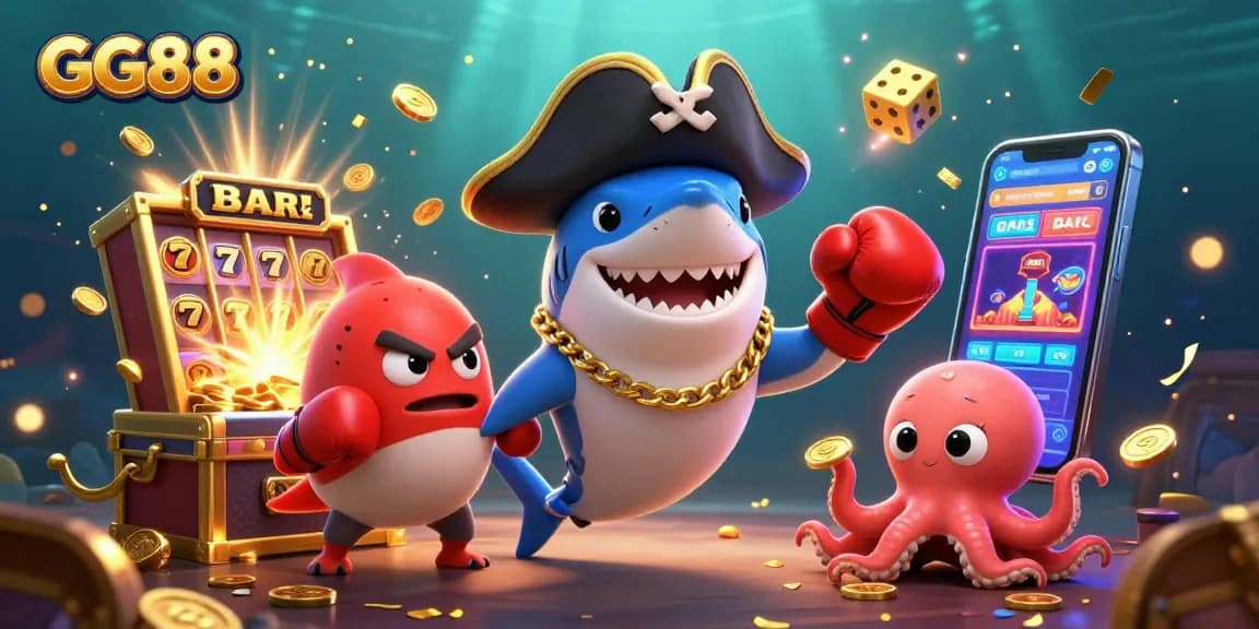 Spin to win with GG88 at a vibrant underwater casino filled with cartoon sea characters and endless treasure.