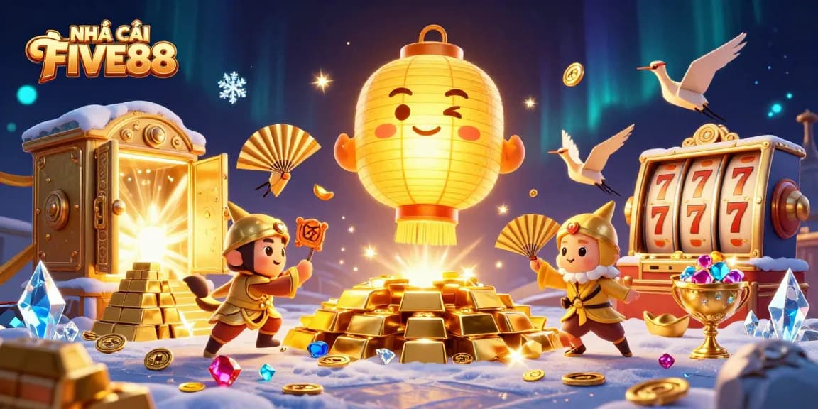 Engage with the dynamic NHÀ CÁI FIVE88 gaming experience amidst golden treasures and lively casino elements.
