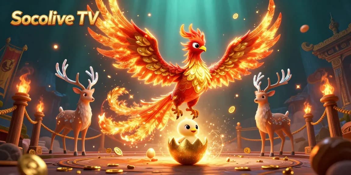 Socolive TV showcases a vibrant illustration of a phoenix and stag, embodying the excitement of online gaming.