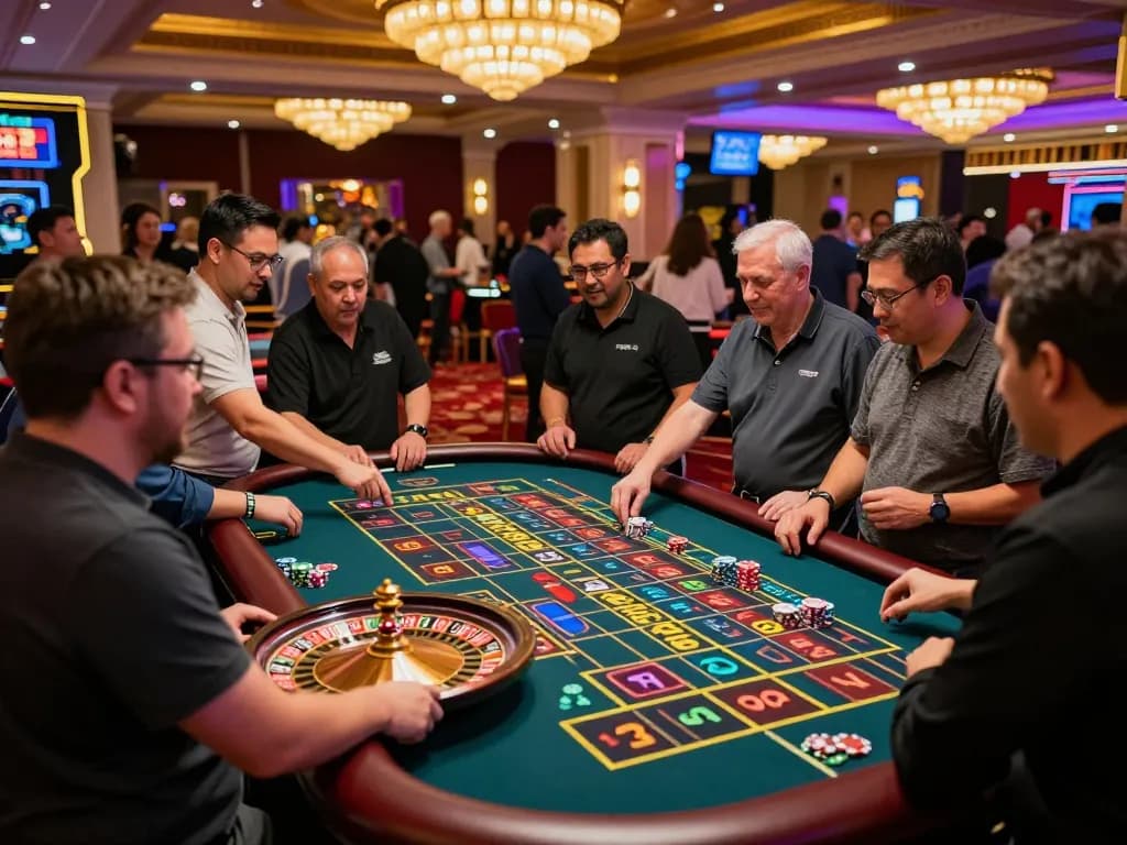Players placing bets at the lively XX 88 roulette table, vibrant casino atmosphere full of excitement.