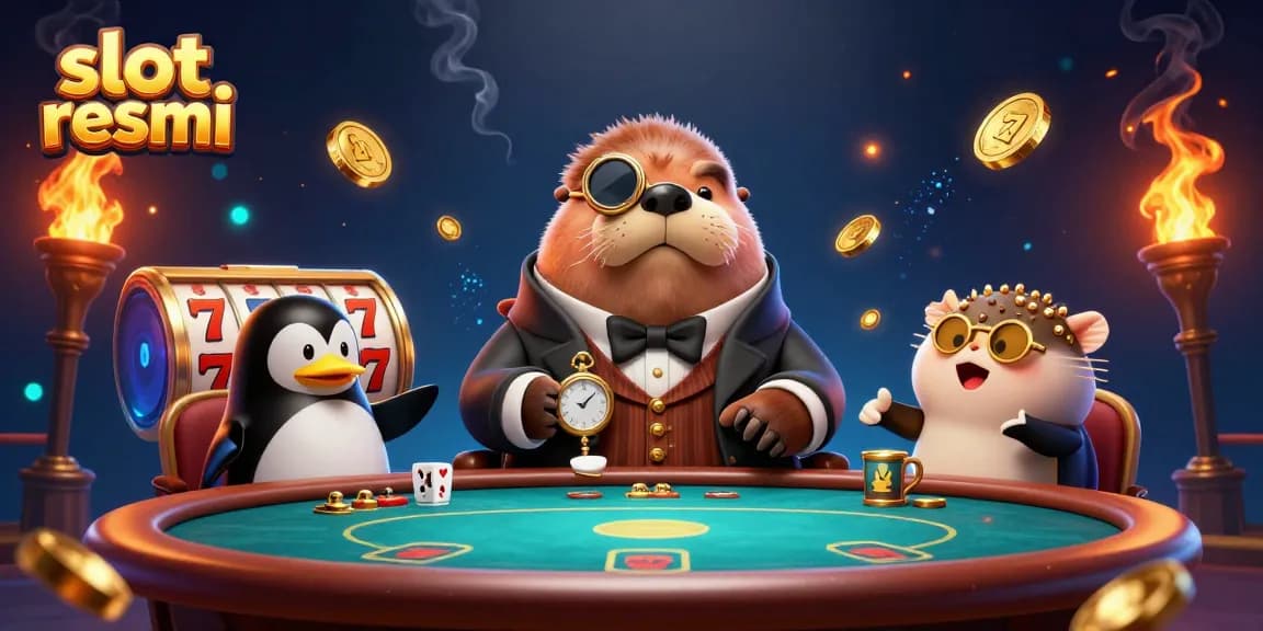 Experience slot resmi action at an underwater casino with unique characters, vibrant gold coins, and engaging slot reels.
