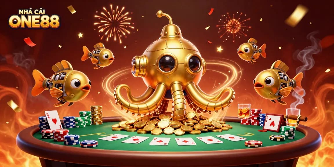 Engage with NHÀ CÁI ONE88's vibrant casino scene featuring a golden kraken and poker elements.