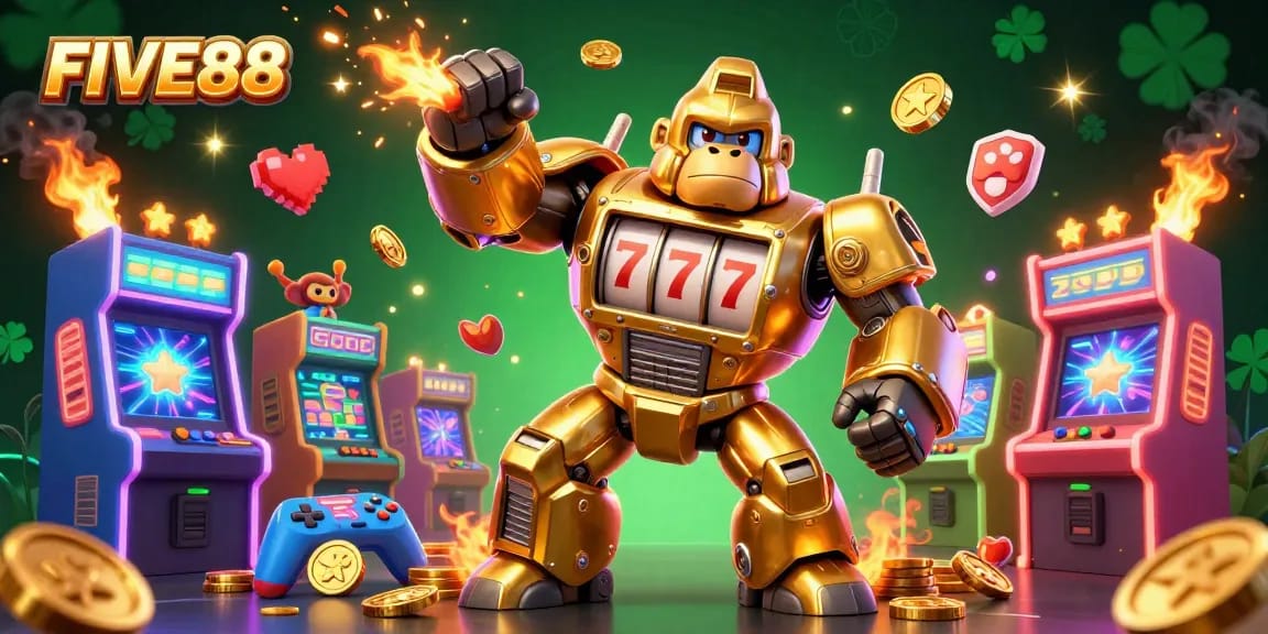 Experience excitement at FIVE88 with a golden gorilla mech breaking through coins in this vibrant casino scene.