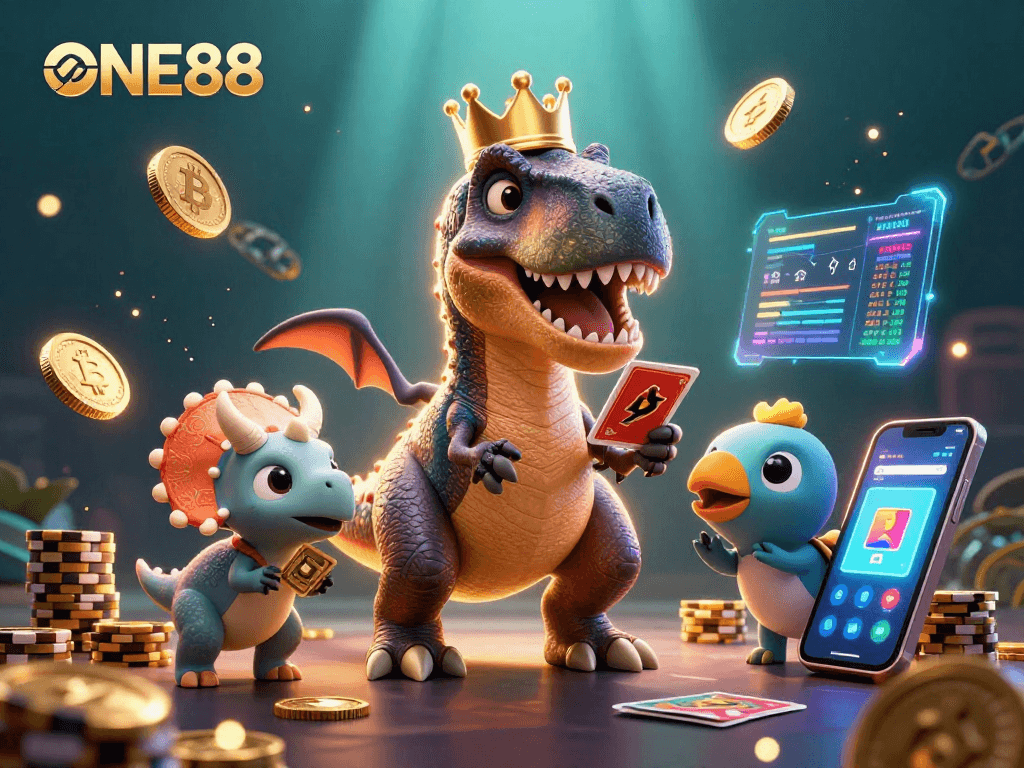 Experience thrilling gaming with ONE88 as a T-Rex attempts card shuffling in this vibrant casino scene.