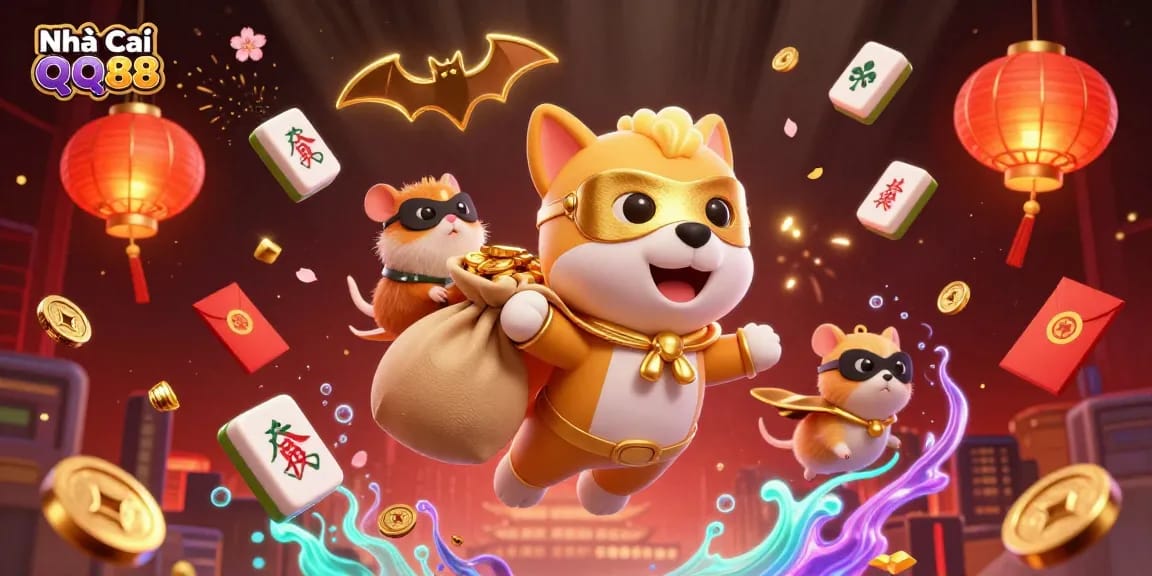 Engage with Nhà Cái QQ88 as a superhero dog flies with gold coins amidst festive casino elements.