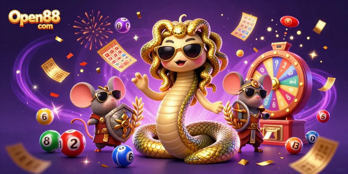 Experience the thrill of Open88 com with Medusa and dynamic lottery elements in a vibrant casino scene.