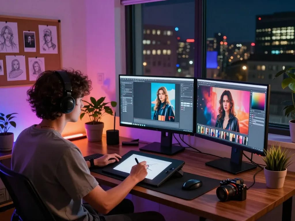 Creative digital artist designing AI porn imagery in a vibrant studio setting.