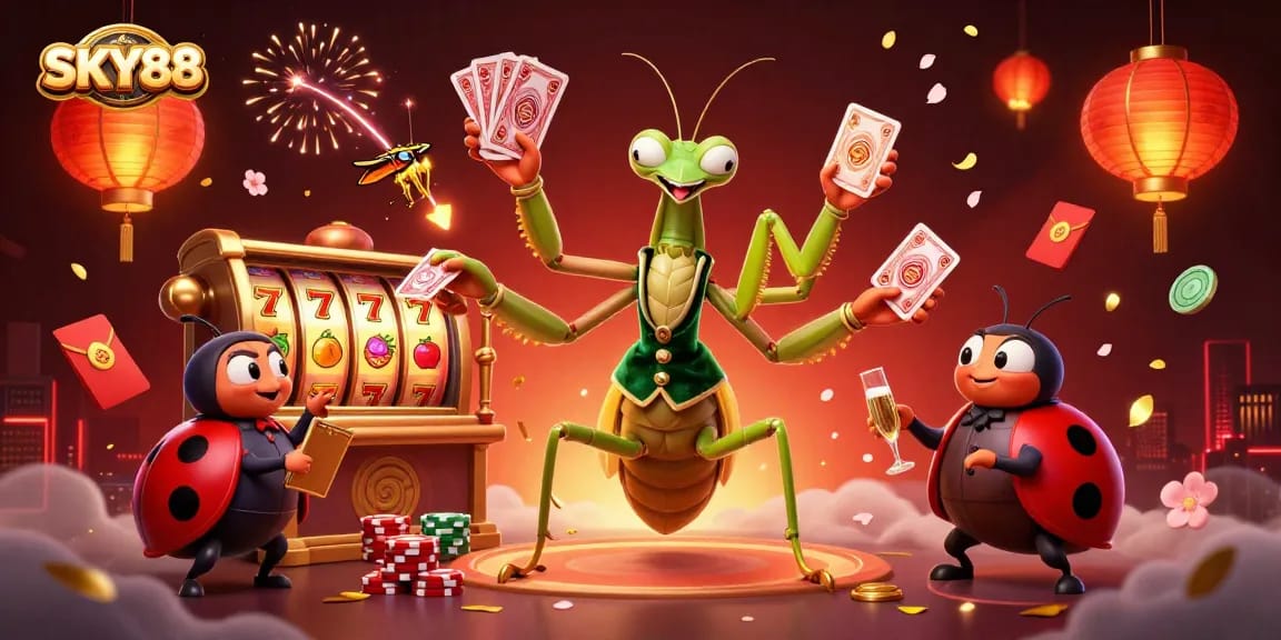 Engage with the vibrant SKY88 casino scene featuring a giant mantis card sharp and glowing elements.