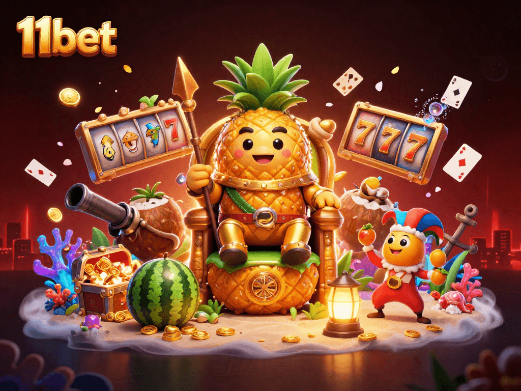 Engage with 11bet's 3D casino experience featuring a vibrant beach scene with a pineapple king and lively gaming elements.
