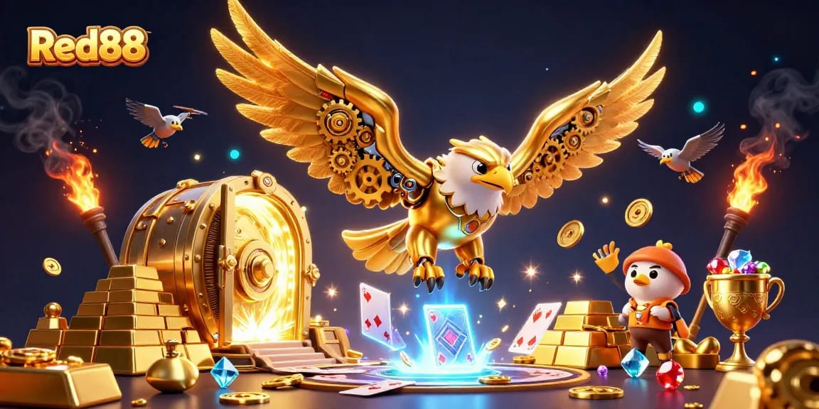Engage with the excitement of Red88 as a golden eagle dives through holographic cards and treasures.