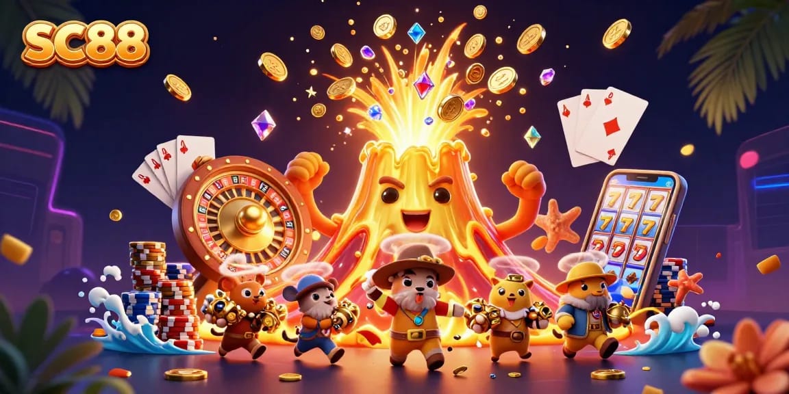 SC88 showcases a vibrant scene of a triumphant volcano surrounded by treasures, enticing players to explore.