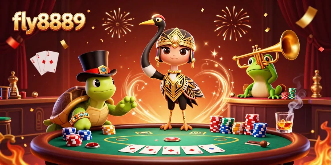 Experience the thrill of fly8889 in this vibrant casino scene with colorful poker elements and animated characters.