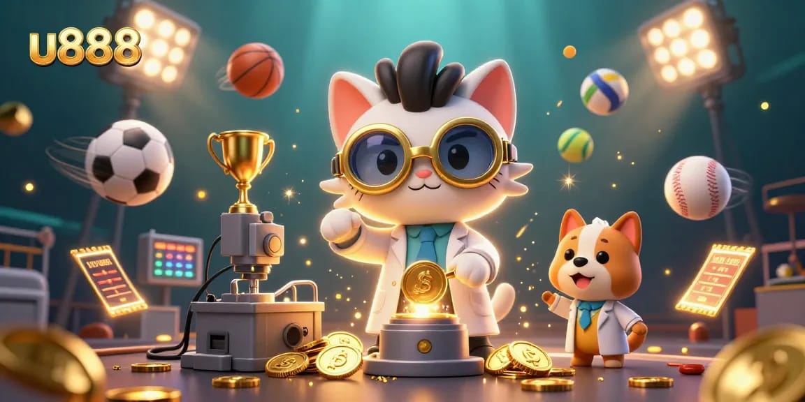 Engage with u888's thrilling gaming action featuring the mad scientist creating wealth in a dynamic casino scene.