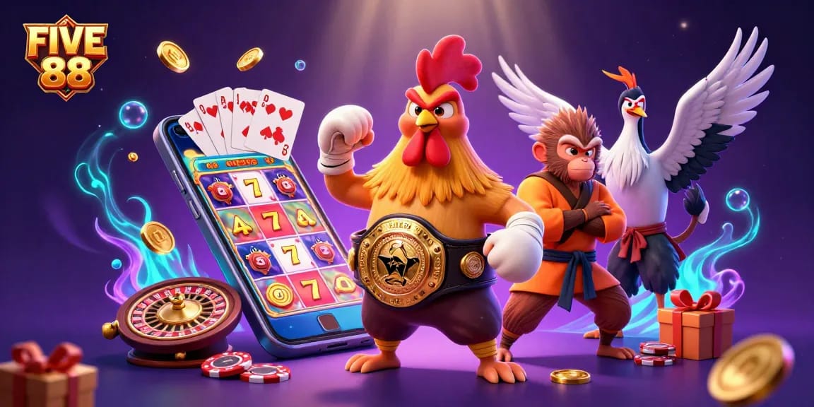 Engage with FIVE 88's vibrant casino world featuring Muay Thai and martial arts characters in an action-packed scene.