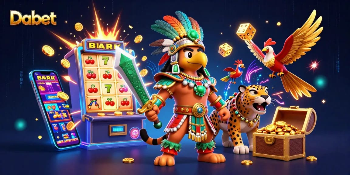 Dabet invites players into a dynamic casino scene featuring an Aztec warrior eagle and a jackal companion, with vibrant slots and glowing treasures.