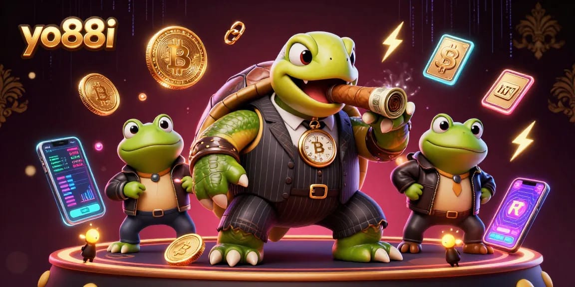 Win big with yo88i's thrilling casino adventures featuring a cartoon turtle and frog enforcers.