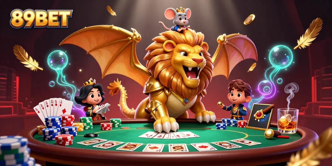 Experience thrilling poker action with 89BET's vibrant casino scene featuring a mythical chimera.