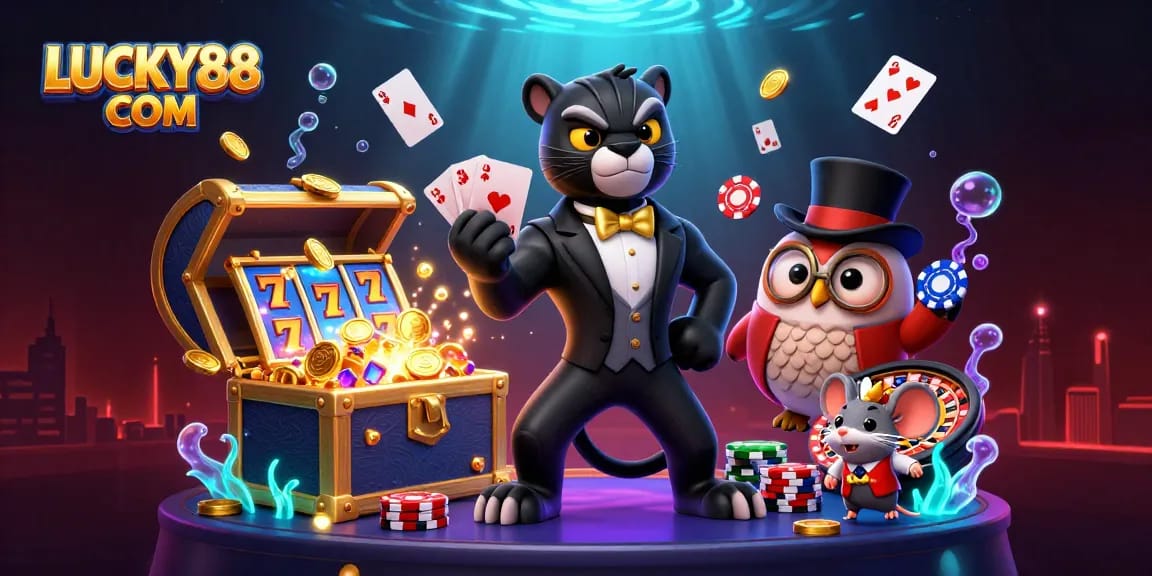 Engage with thrilling games at LUCKY88 COM featuring a panther dealer, owl poker player, and treasure elements.