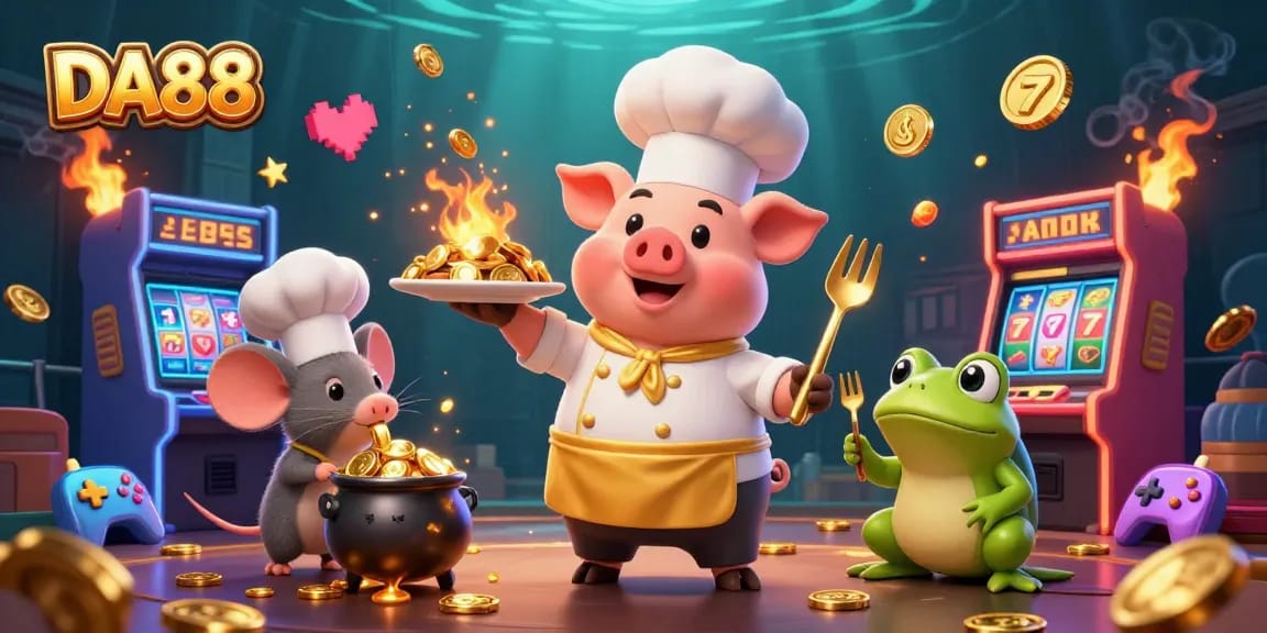 Experience the thrill of DA88 slots with our cartoon chef pig serving gold coins in a vibrant casino atmosphere.