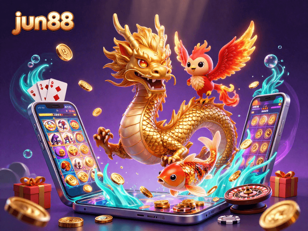 Play exciting casino games at jun88 with a golden dragon, phoenix, and koi fish amidst a flurry of coins.