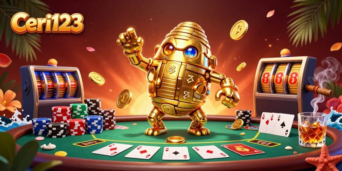 Ceri123 showcases a vibrant gambling scene with a golden golem, poker elements, and dynamic slot visuals.