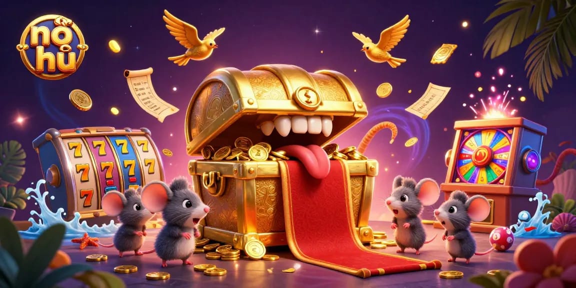 Engage in nổ hũ excitement with intricate slot elements, treasure chests, and vibrant casino imagery.