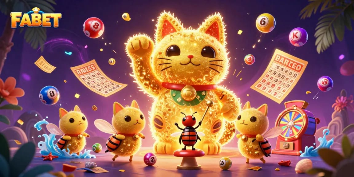 Engage with FABET's gaming thrill featuring a dynamic golden lucky cat and vibrant casino elements.