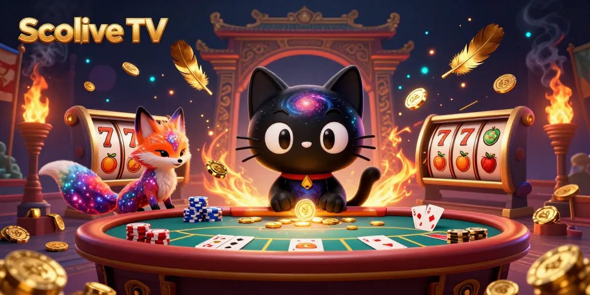 Socolive TV captures thrilling casino action with cosmic characters and slot reels.