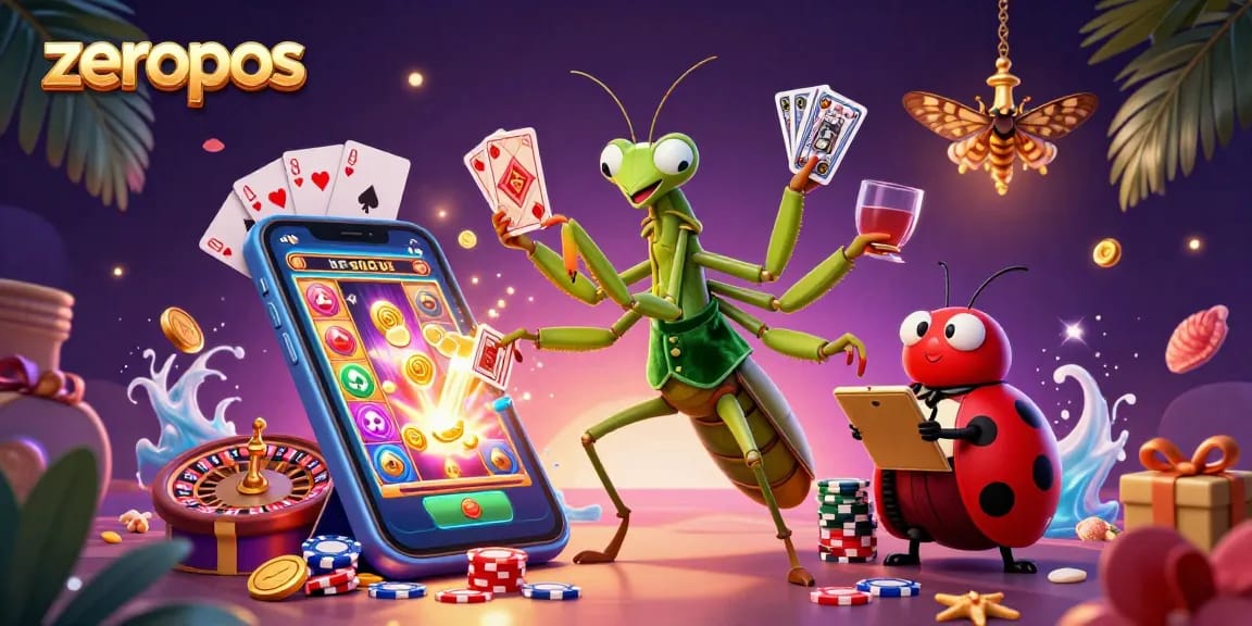 Engage with zeropos at an exciting casino scene featuring a giant mantis dealer and a ladybug pit boss.