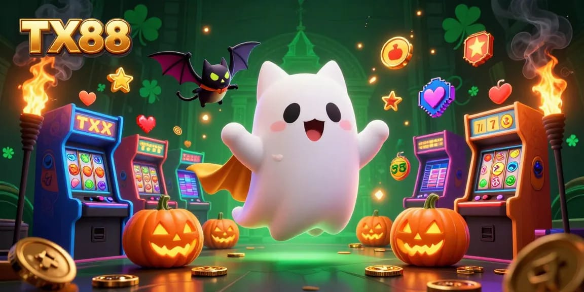 Experience TX88 entertainment with a ghost cat and vampiric bat in a vibrant, haunted casino scene.