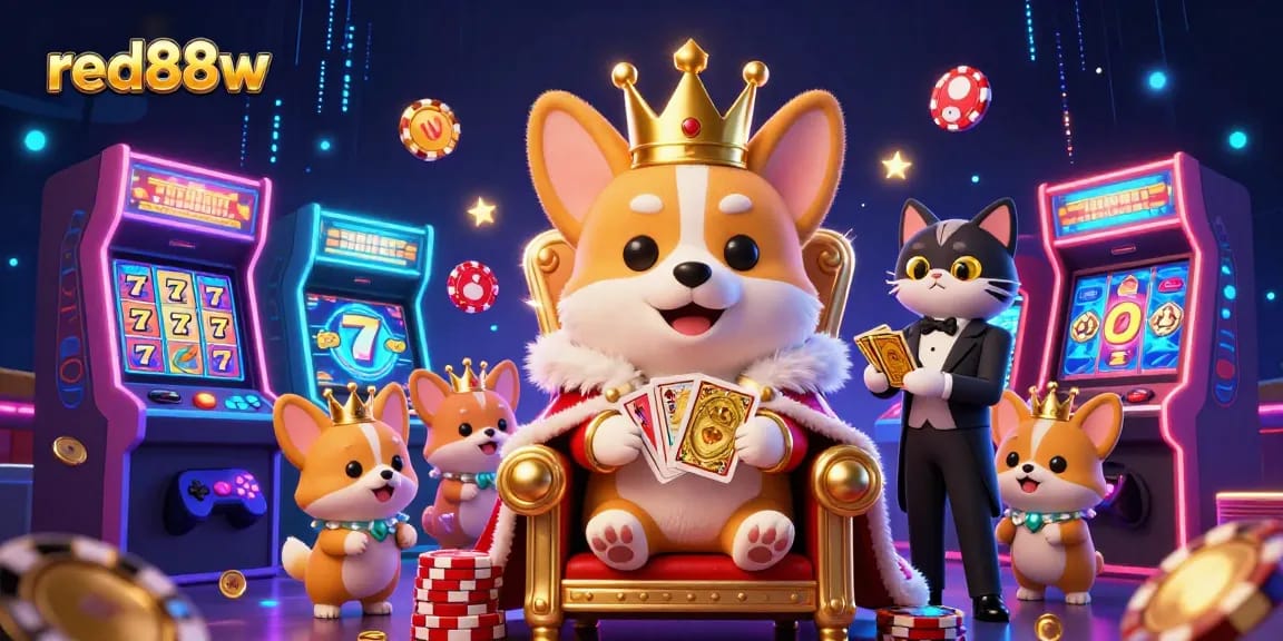 Experience thrilling gameplay with red88w's lavish 3D illustration of a royal corgi in a casino setting.