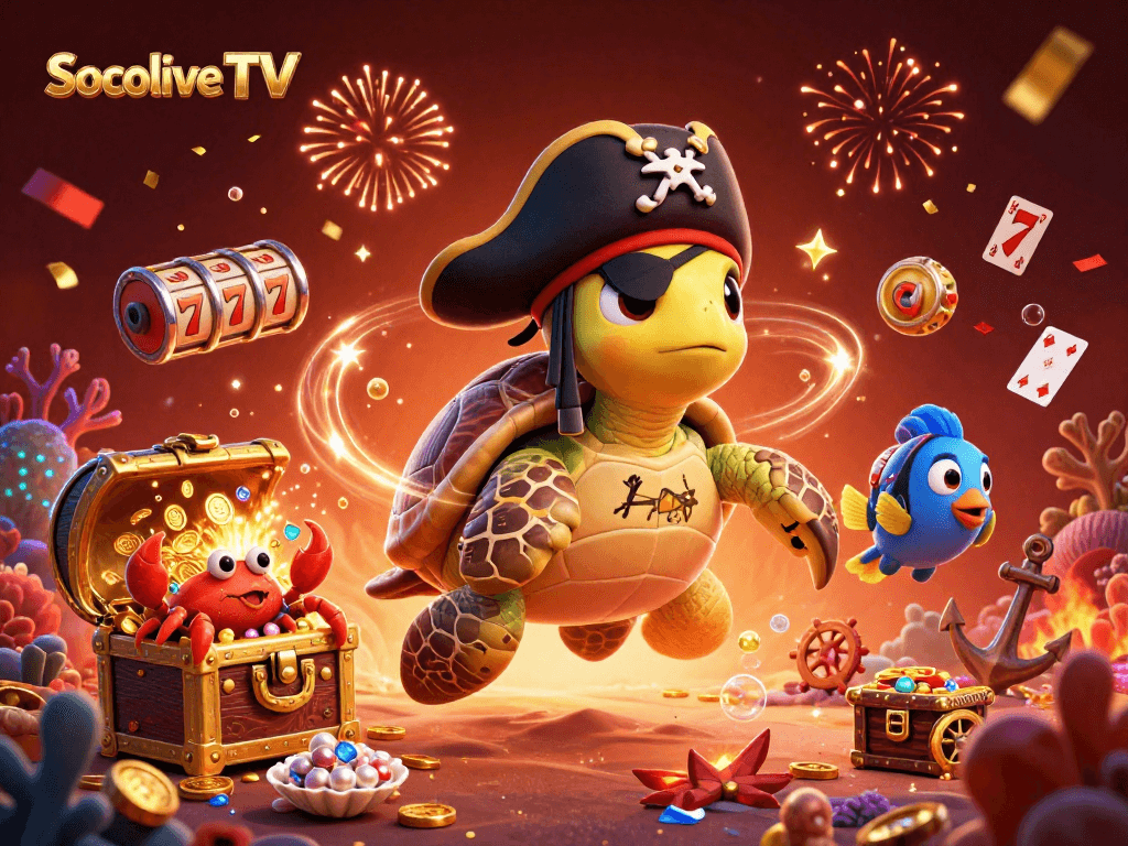 Socolive TV showcases an exciting pirate-themed casino scene with vibrant characters and rich gaming elements.