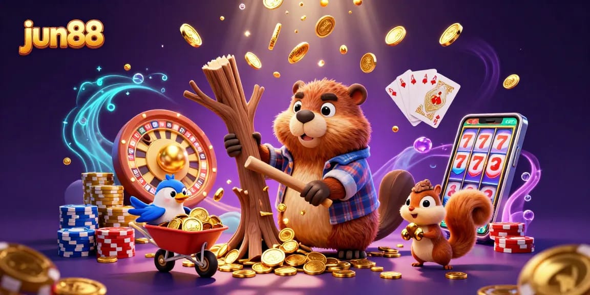 Experience winning moments with jun88 as beaver collects golden coins and spins the roulette wheel.