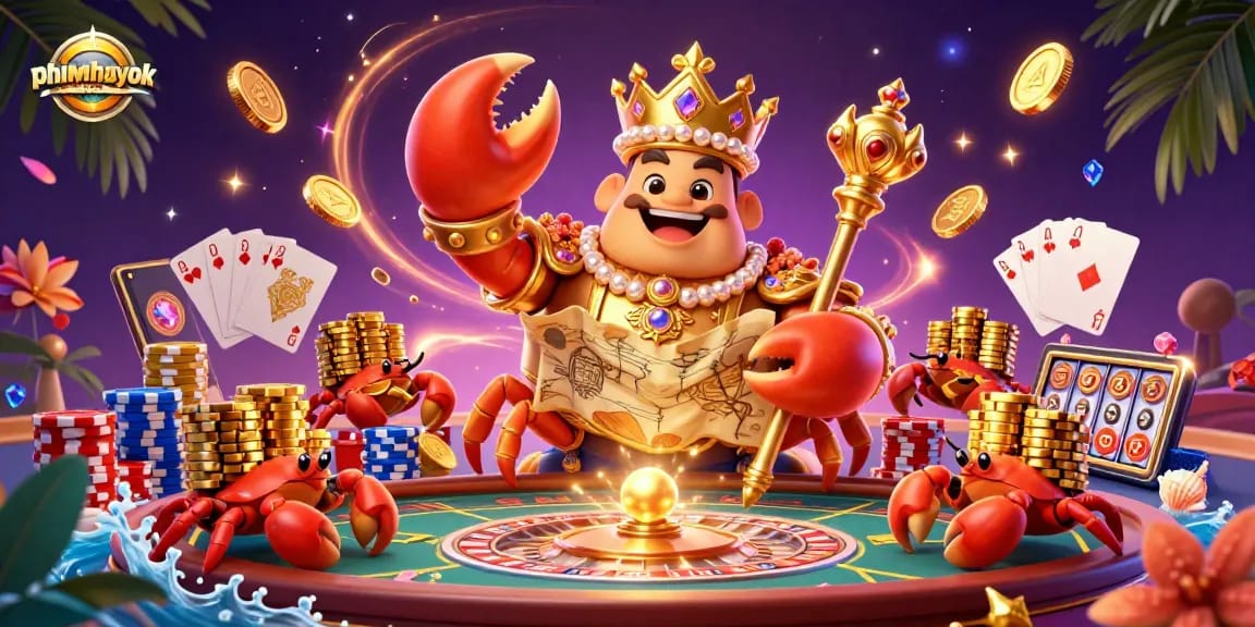 Engage with phimhayok's dynamic casino scene featuring a golden crab emperor and vibrant gaming elements.