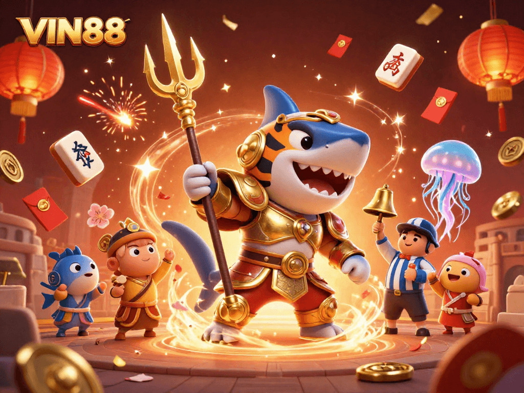 Engage with VIN88's thrilling underwater gaming scene featuring dynamic characters and festive elements.
