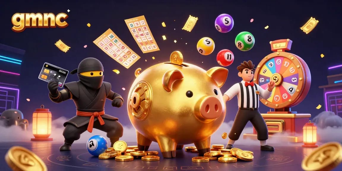 Engage in the vibrant world of gmnc with a dynamic 3D piggy bank wrestling scene amidst a shower of coins and lottery excitement.