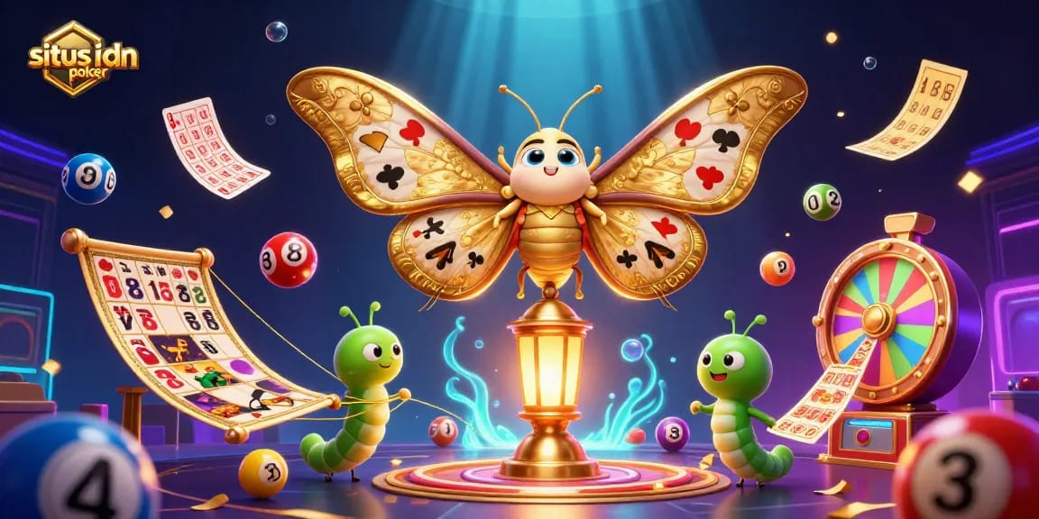 Gali kemenangan di situs idn poker dengan suasana kasino yang semarak dan meriah, dikelilingi oleh berbagai elemen permainan.