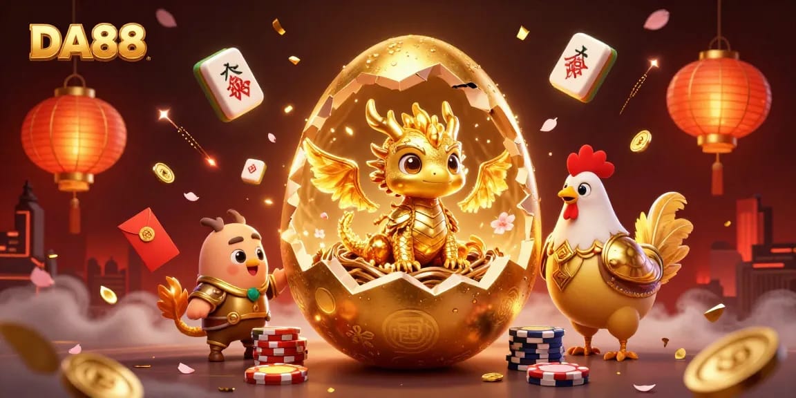 Engage with DA88: A vibrant 3D illustration capturing poker excitement with a golden dragon and dynamic casino elements.