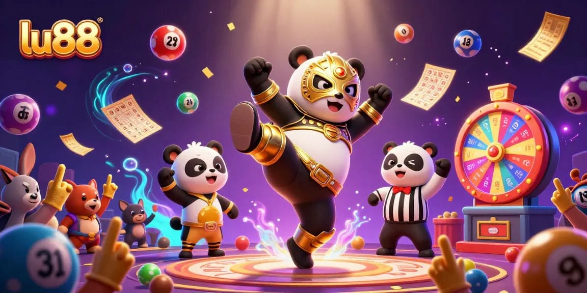 lu88 engaging players with a thrilling lottery scene featuring colorful balls, golden tickets, and excited crowd