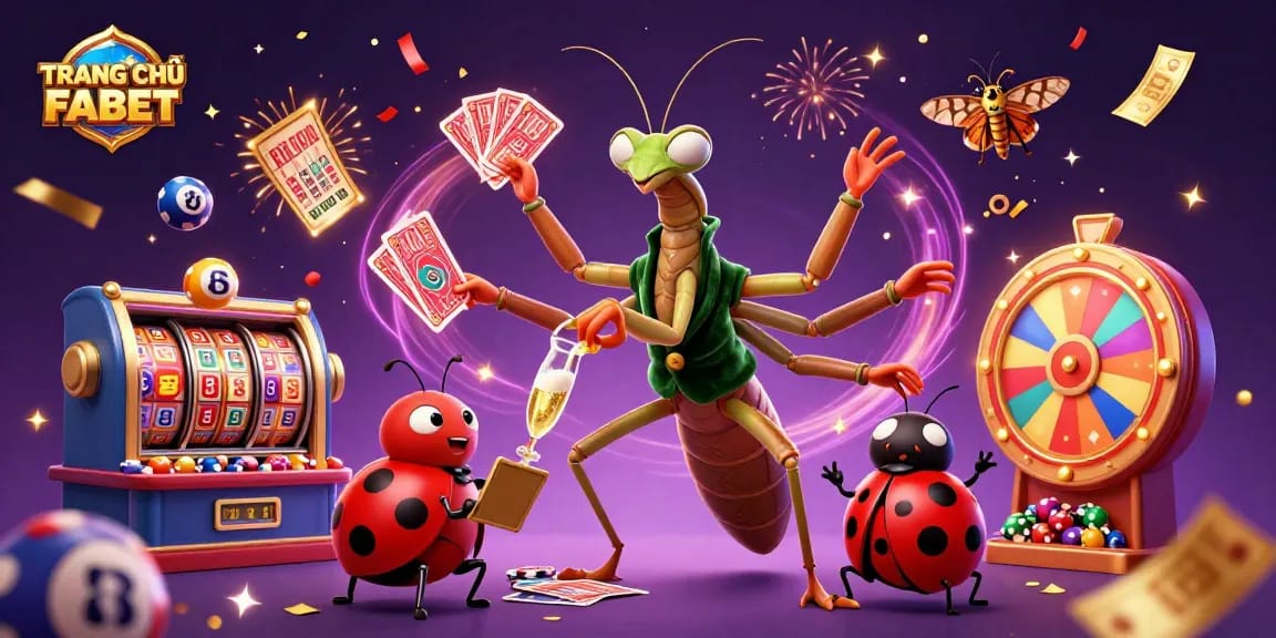 Engage with TRANG CHỦ FABET through an animated 3D casino scene featuring vibrant games and action.