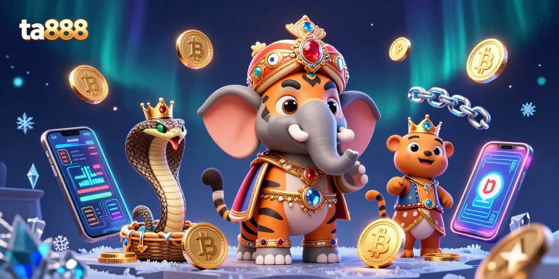 Engage with ta888 in this vibrant, glittering casino scene featuring exotic characters and crypto elements.