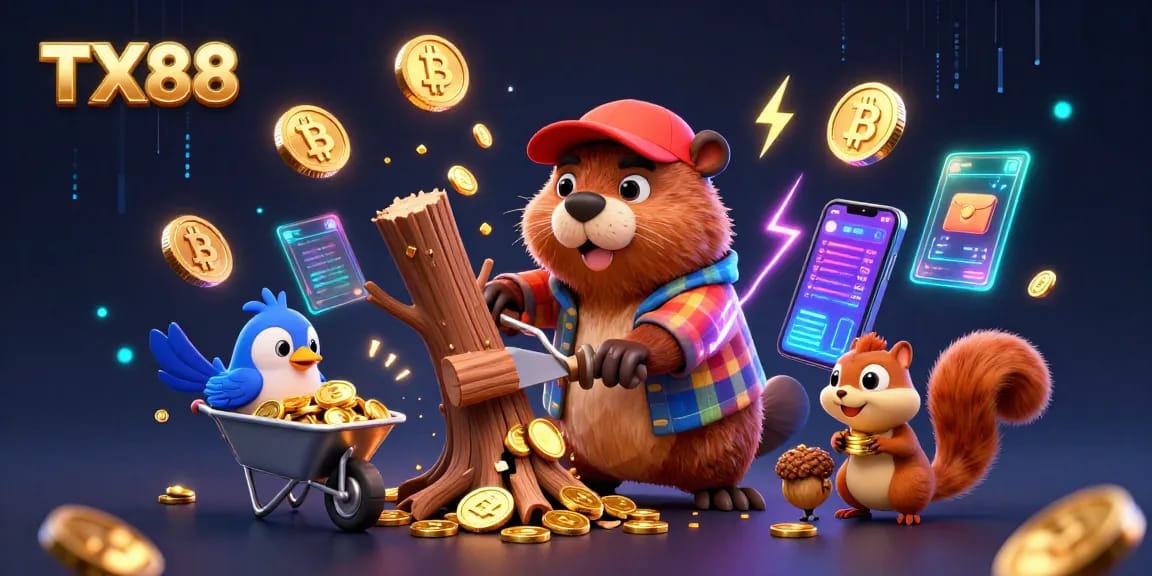 TX88 showcases a dynamic scene of a lumberjack beaver and friends in a vibrant casino world, collecting gold coins.