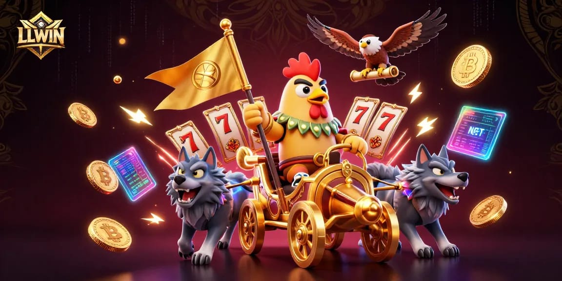 Spin the reels and win big with LLWIN's vibrant 3D casino illustration featuring exciting gambling elements.