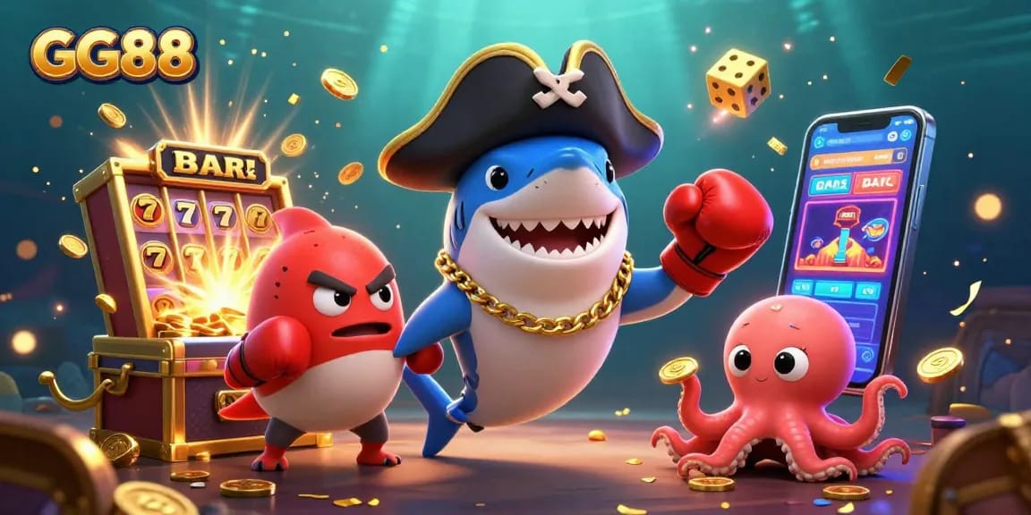 Spin to win with GG88 at a vibrant underwater casino filled with cartoon sea characters and endless treasure.