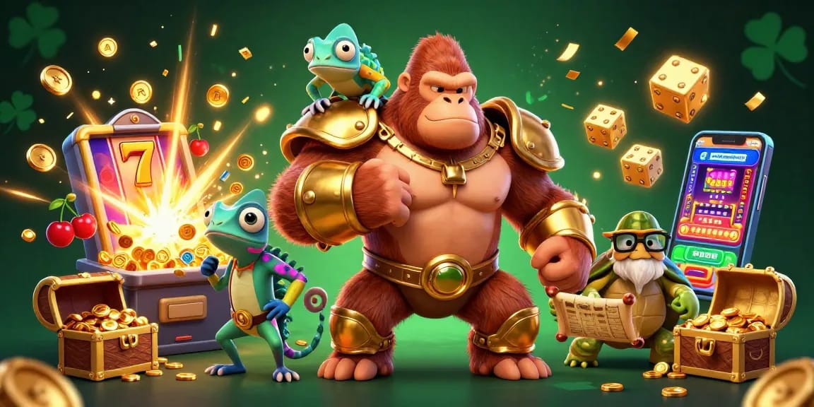 Engage with FIVE88's dynamic gaming scene featuring a gorilla king, chameleon spy, and wise tortoise elder amidst thrilling casino elements.