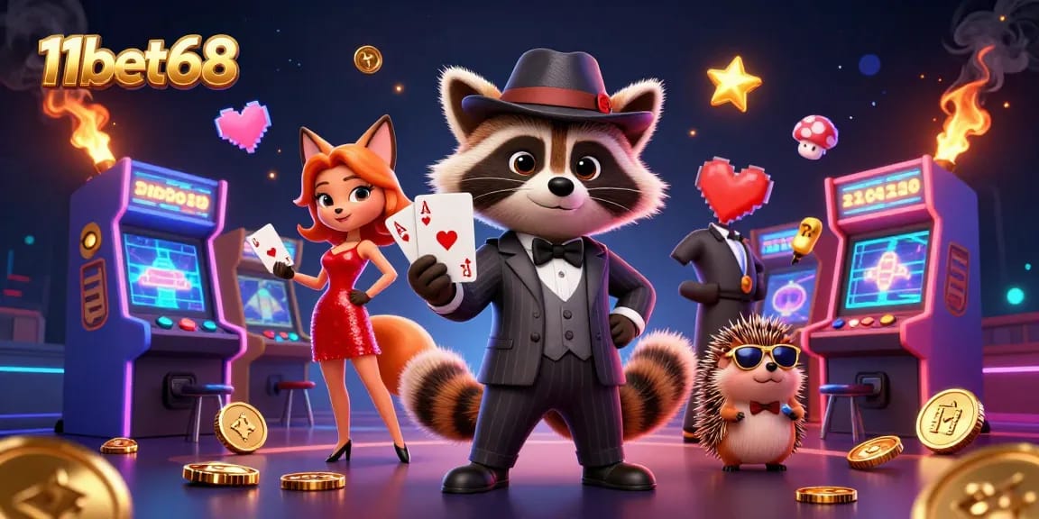 Experience thrilling payouts at 11bet68 with our raccoon in a royal flush surrounded by vibrant casino elements.