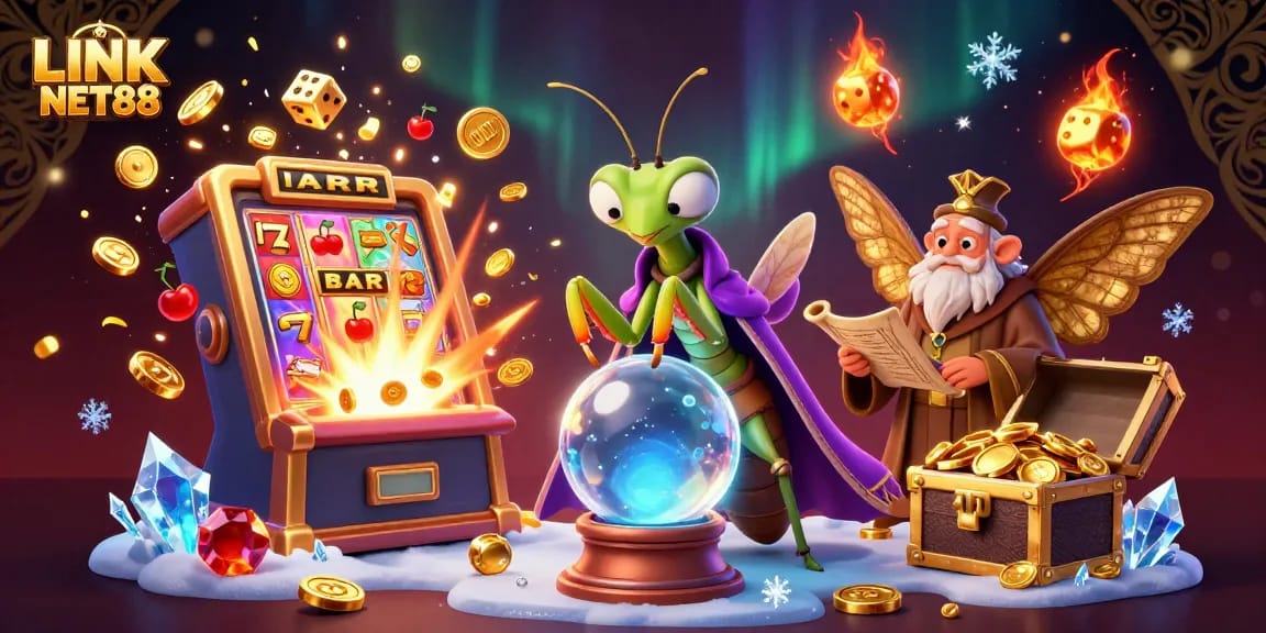 Engage with LINK NET88's thrilling casino games amid a vibrant 3D fantasy illustration featuring a fortune teller.