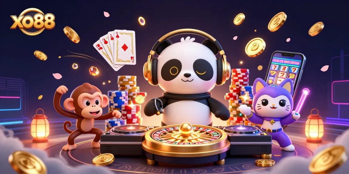 Experience the excitement of xo88 with vibrant characters and dynamic casino game elements in a lively 3D illustration.