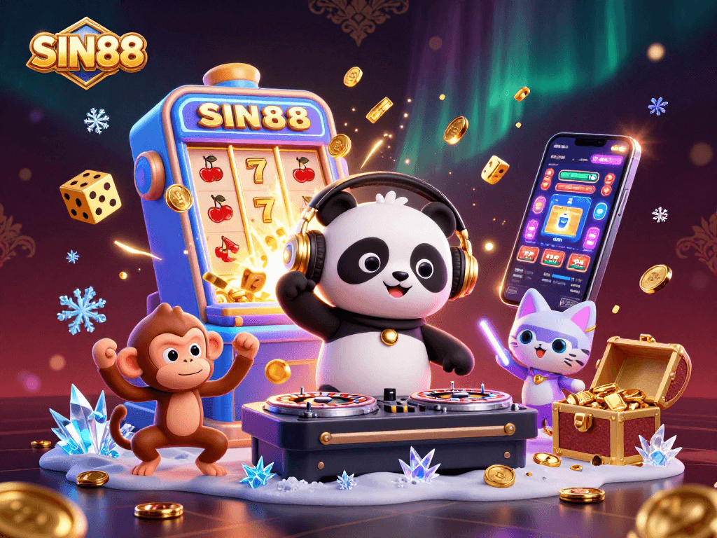SIN88 showcases an energetic scene with a DJ panda, dancing monkey, and glowing kitten in a vibrant casino atmosphere